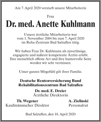 Anzeige  Anette Kuhlmann  Lippische Landes-Zeitung