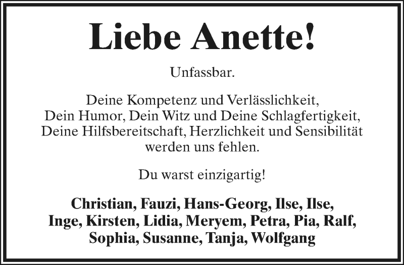  Traueranzeige für Anette Kuhlmann vom 14.04.2020 aus Lippische Landes-Zeitung