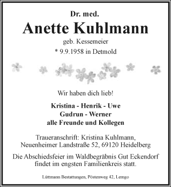 Anzeige  Anette Kuhlmann  Lippische Landes-Zeitung