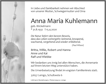 Anzeige  Anna Maria Kuhlemann  Lippische Landes-Zeitung