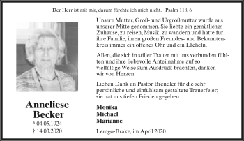 Anzeige  Anneliese Becker  Lippische Landes-Zeitung