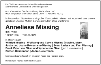 Anzeige  Anneliese Missing  Lippische Landes-Zeitung