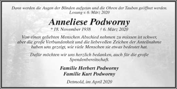 Anzeige  Anneliese Podworny  Lippische Landes-Zeitung