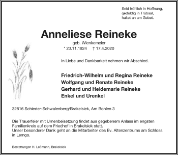 Anzeige  Anneliese Reineke  Lippische Landes-Zeitung