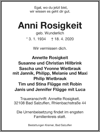 Anzeige  Anni Rosigkeit  Lippische Landes-Zeitung