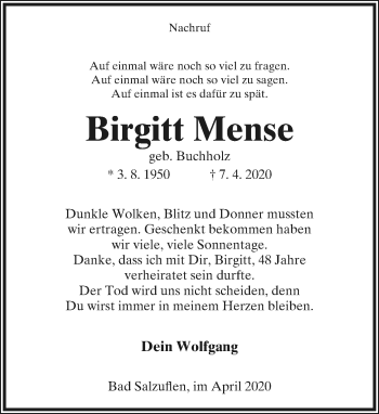 Anzeige  Birgitt Mense  Lippische Landes-Zeitung