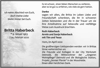 Anzeige  Britta Haberbeck  Lippische Landes-Zeitung