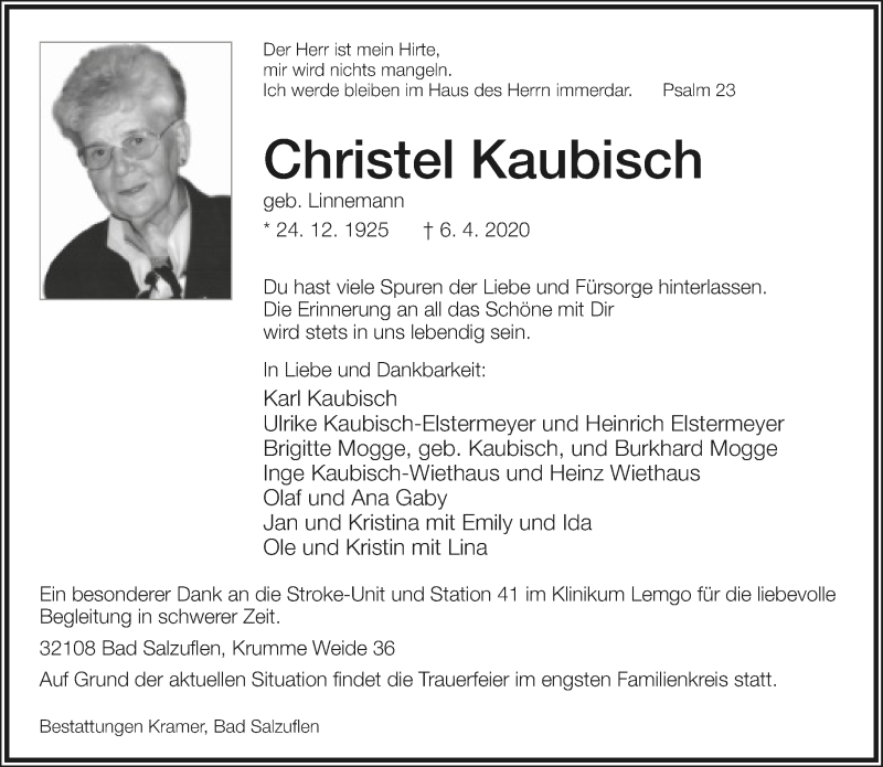  Traueranzeige für Christel Kaubisch vom 10.04.2020 aus Lippische Landes-Zeitung