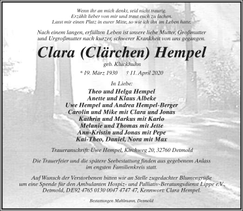 Anzeige  Clara Hempel  Lippische Landes-Zeitung