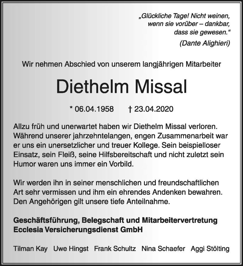  Traueranzeige für Diethelm Missal vom 25.04.2020 aus Lippische Landes-Zeitung