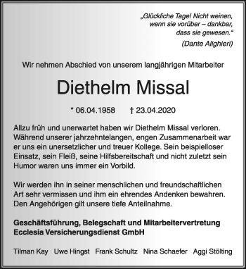 Anzeige  Diethelm Missal  Lippische Landes-Zeitung