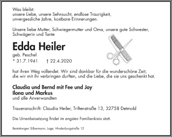 Anzeige  Edda Heiler  Lippische Landes-Zeitung
