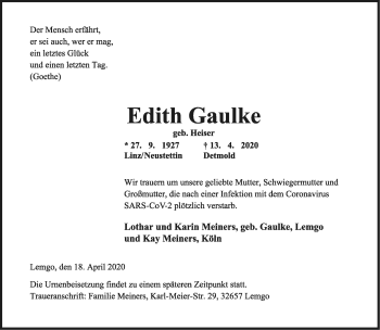 Anzeige  Edith Gaulke  Lippische Landes-Zeitung