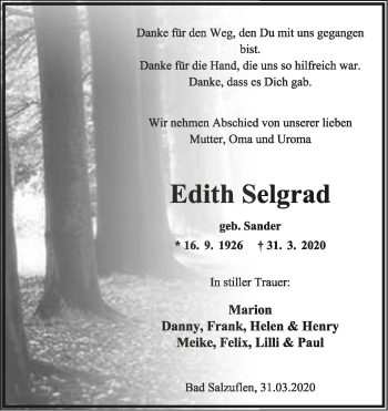 Anzeige  Edith Selgrad  Lippische Landes-Zeitung
