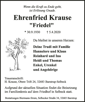 Anzeige  Ehrenfried Krause  Lippische Landes-Zeitung