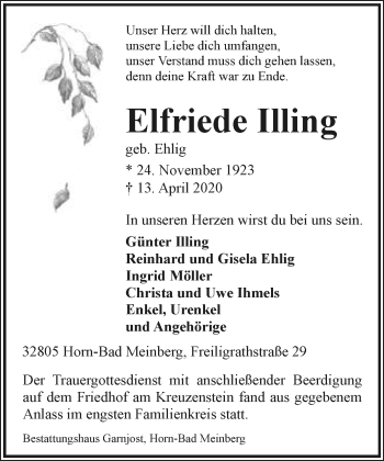 Anzeige  Elfriede Illing  Lippische Landes-Zeitung