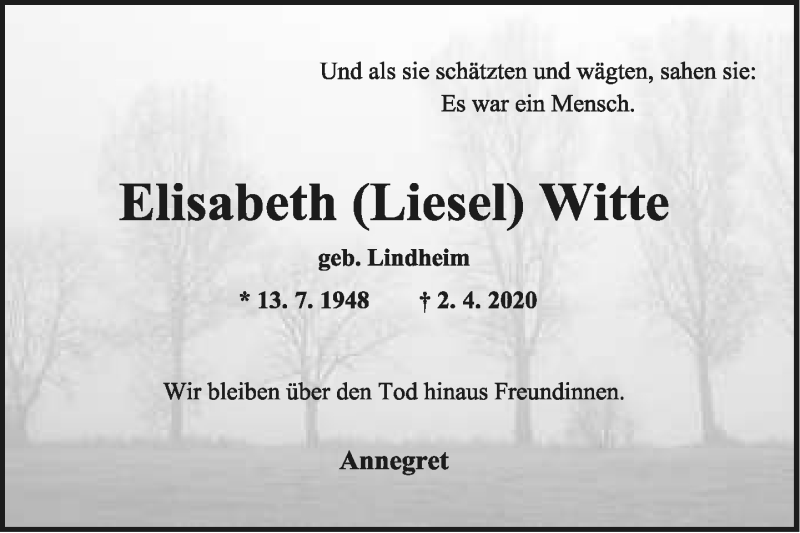  Traueranzeige für Elisabeth Witte vom 09.04.2020 aus Lippische Landes-Zeitung