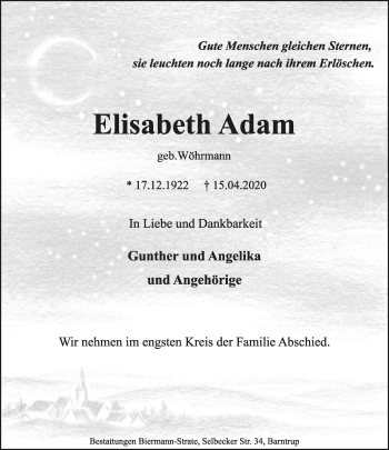Anzeige  Elisabeth Adam  Lippische Landes-Zeitung