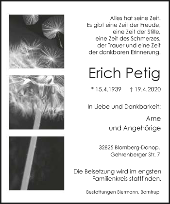 Anzeige  Erich Petig  Lippische Landes-Zeitung