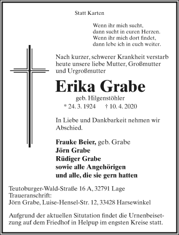 Anzeige  Erika Grabe  Lippische Landes-Zeitung