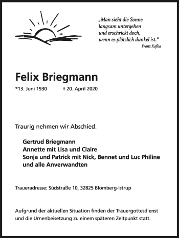 Anzeige  Felix Briegmann  Lippische Landes-Zeitung
