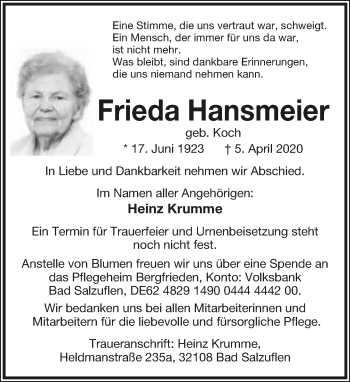 Anzeige  Frieda Hansmeier  Lippische Landes-Zeitung
