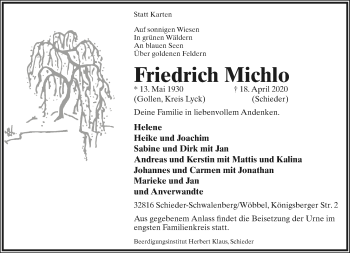 Anzeige  Friedrich Michlo  Lippische Landes-Zeitung