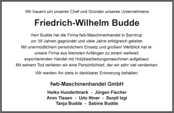 Anzeige  Friedrich-Wilhelm Budde  Lippische Landes-Zeitung