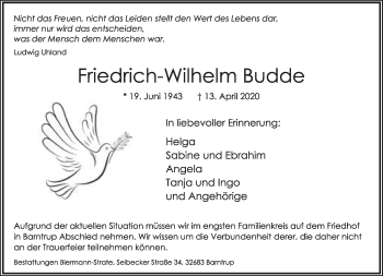 Anzeige  Friedrich-Wilhelm Budde  Lippische Landes-Zeitung