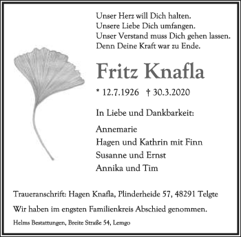 Anzeige  Fritz Knafla  Lippische Landes-Zeitung