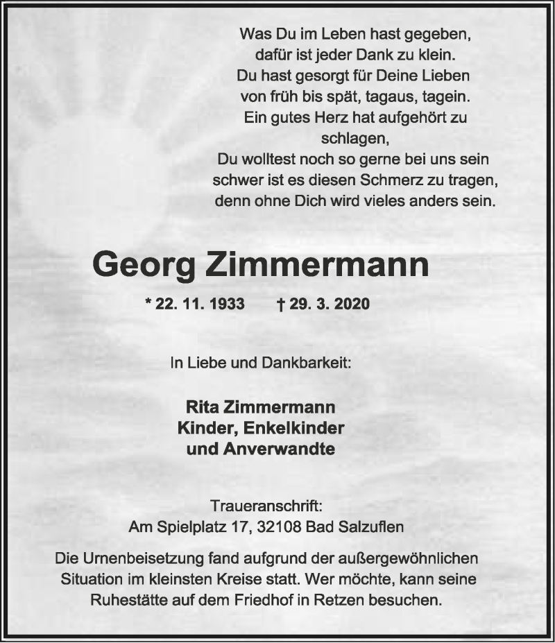  Traueranzeige für Georg Zimmermann vom 15.04.2020 aus Lippische Landes-Zeitung