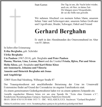 Anzeige  Gerhard Berghahn  Lippische Landes-Zeitung