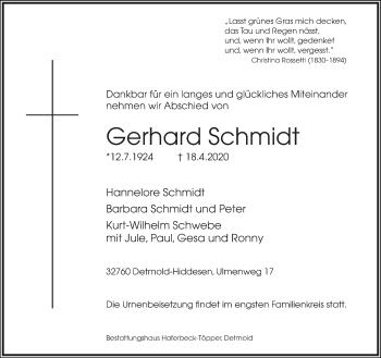 Anzeige  Gerhard Schmidt  Lippische Landes-Zeitung