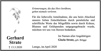 Anzeige  Gerhard Strate  Lippische Landes-Zeitung