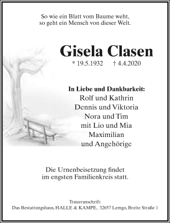 Anzeige  Gisela Clasen  Lippische Landes-Zeitung