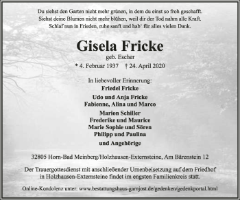 Anzeige  Gisela Fricke  Lippische Landes-Zeitung