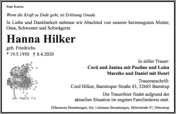 Anzeige  Hanna Hilker  Lippische Landes-Zeitung