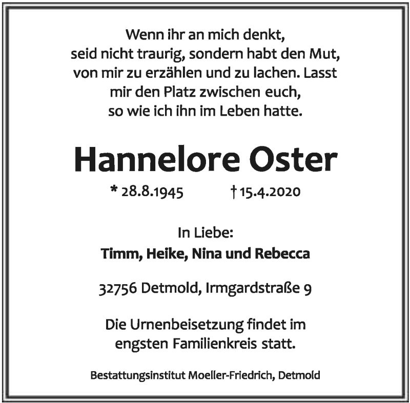  Traueranzeige für Hannelore Oster vom 18.04.2020 aus Lippische Landes-Zeitung