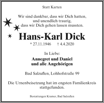 Anzeige  Hans-Karl Dick  Lippische Landes-Zeitung