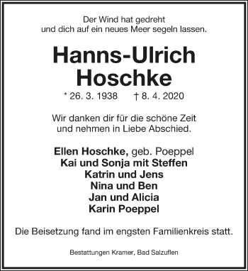 Anzeige  Hanns-Ulrich Hoschke  Lippische Landes-Zeitung