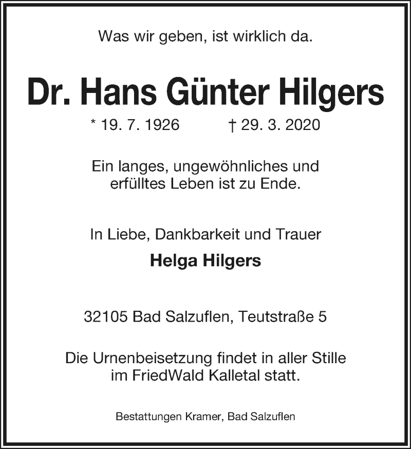  Traueranzeige für Hans Günter Hilgers vom 04.04.2020 aus Lippische Landes-Zeitung