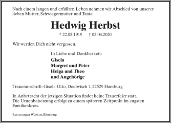 Anzeige  Hedwig Herbst  Lippische Landes-Zeitung