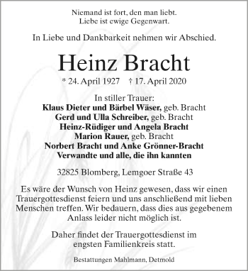 Anzeige  Heinz Bracht  Lippische Landes-Zeitung