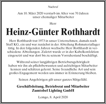 Anzeige  Heinz-Günter Rothhardt  Lippische Landes-Zeitung