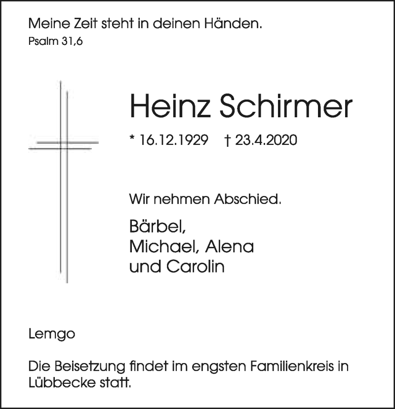  Traueranzeige für Heinz Schirmer vom 28.04.2020 aus Lippische Landes-Zeitung