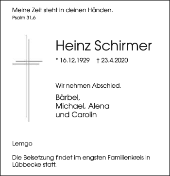 Anzeige  Heinz Schirmer  Lippische Landes-Zeitung
