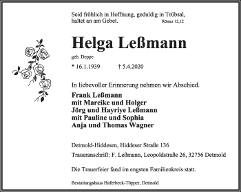 Anzeige  Helga Leßmann  Lippische Landes-Zeitung