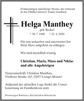 Anzeige  Helga Manthey  Lippische Landes-Zeitung
