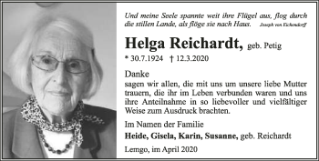 Anzeige  Helga Reichardt  Lippische Landes-Zeitung