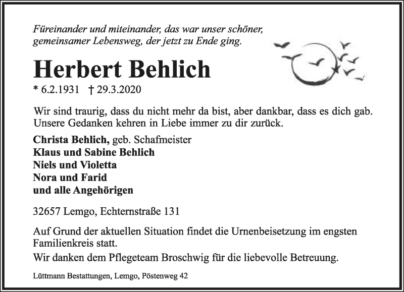 Traueranzeigen von Herbert Behlich | LZ-Trauer